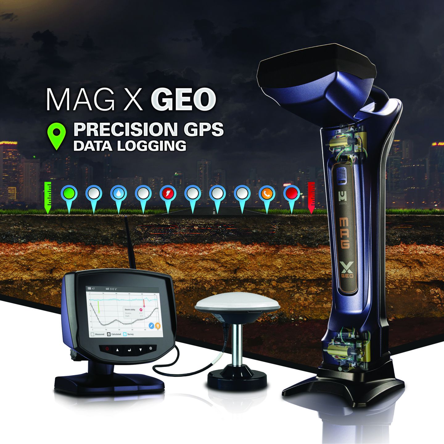 Underground Magnetics Mag X GEO HDD-Ortungssystem mit Empfänger, Bohrdisplay und GPS-Antenne für präzises GPS-Datenlogging